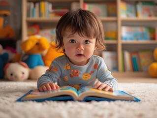 Cute Baby Reading Book in Colorful Nursery - Playful and Curious Childhood Learning