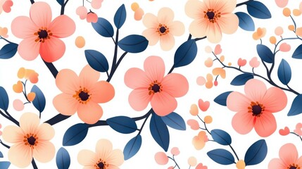 Elegant floral pattern with abstract flowers, gentle peach hues, and stylized leaves for decorative backgrounds and designs