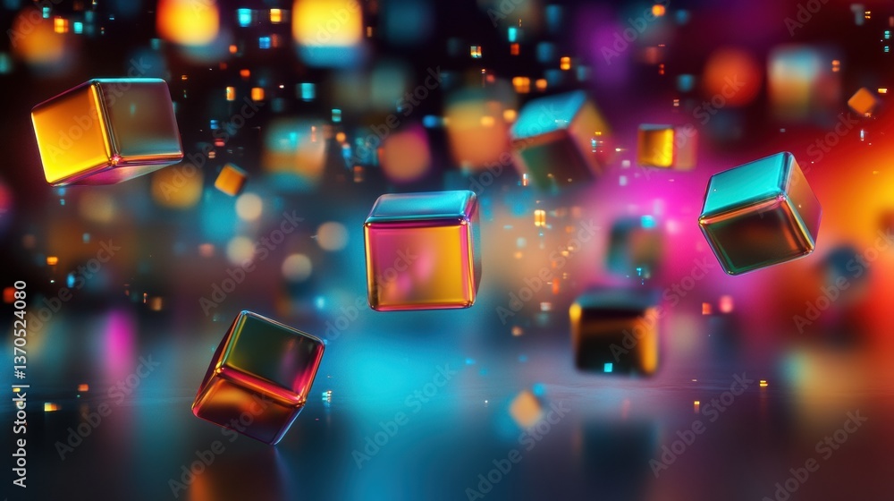 Poster Floating colorful 3D cubes create a futuristic minimalistic background with vibrant neon gradients and soft reflections