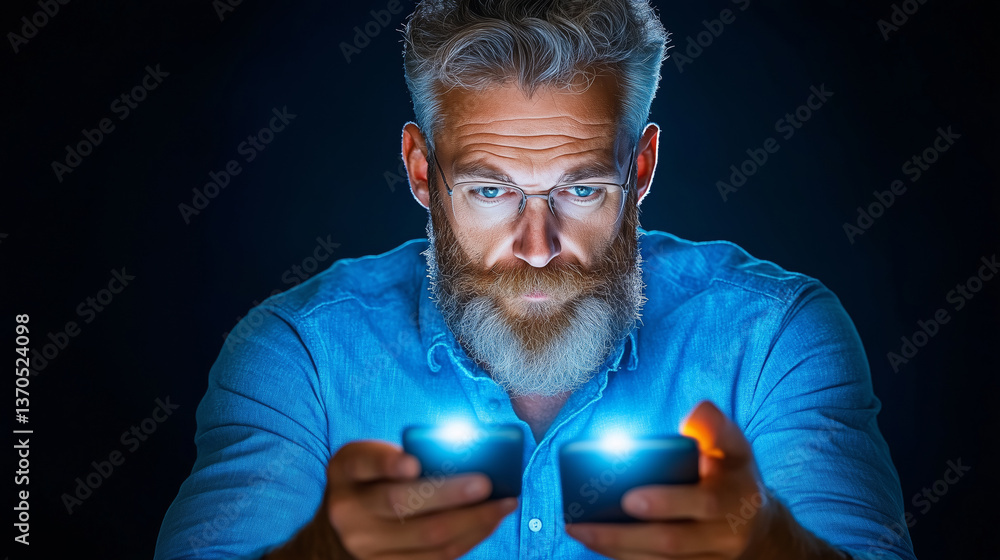 Poster a man with a beard and glasses utilizes two smartphones, concentrating intently on the screens. the 