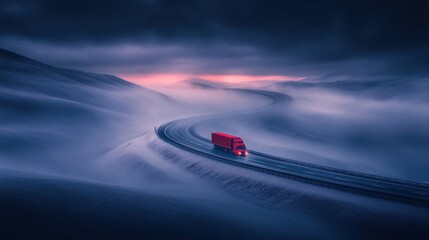 Obraz premium Solitary Journey: A Red Truck on a Misty Mountain Road