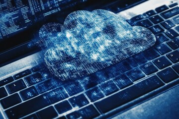Digital cloud over laptop keyboard showing binary code