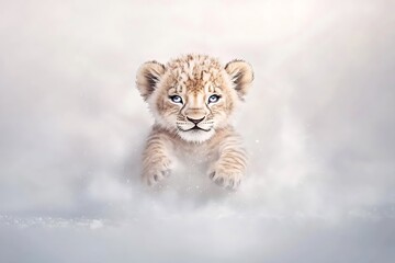 Obraz premium White Lion Cub Snowy Landscape.