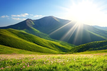 Fototapeta premium Majestic mountain range stretching across the horizon under a bright blue sky and fluffy clouds