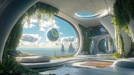 Serene futuristic residence blending organic elements and extraterrestrial views