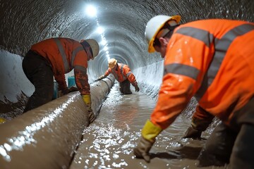 Underground Stormwater Drainage Pipe Installation with Workers in Protective Gear, Dimly Lit Tunnel, Construction Site, Pipe Joint Securing, Industrial Work, Concrete Walls, Construction Industry