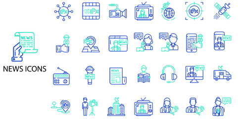 News simple concept 28 color icons set. Contains such news, newspaper, journal, report, newsman, communication, media, journalist .Vector illustration.