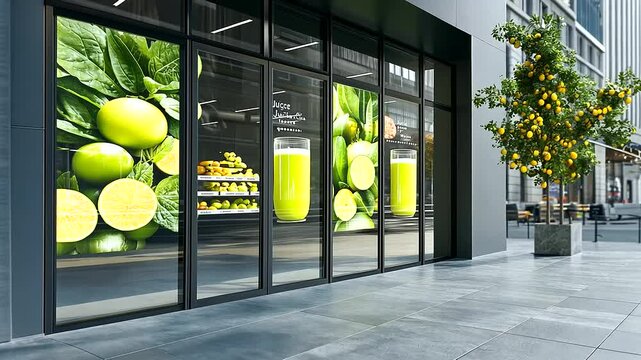 A fresh juice bar storefront mockup with vibrant fruit illustrations on large glass windows, bright green and yellow tones popping against an urban backdrop of gray buildings
