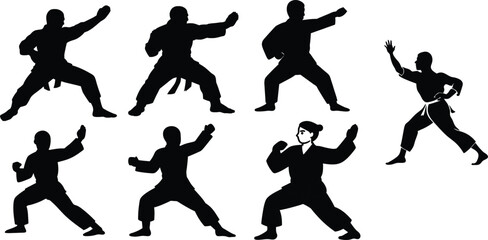 Fighting man silhouette set. Fighters in action. silhouette of kung fu sports positions set .
