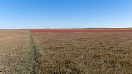 Fototapeta premium Expansive field under a bright blue sky displaying nature's beauty with green grass and sunshine