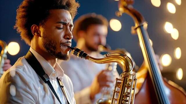 Jazz Musician Playing Saxophone with Bright Lights in Background