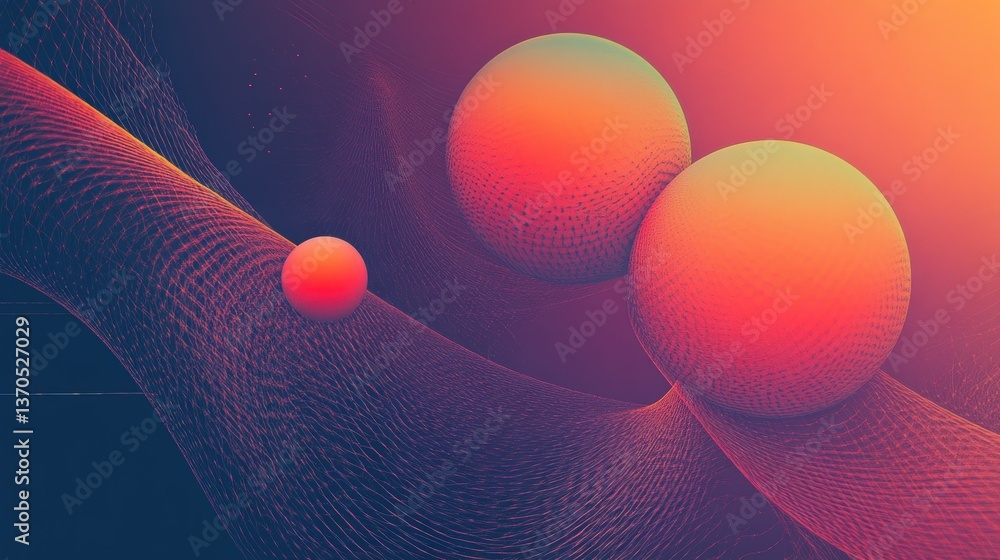 Poster Colorful spheres floating above a wavy netted abstract background
