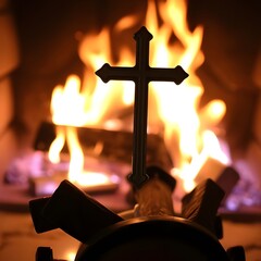 Fototapeta premium Cross Silhouette with Fire Flames in the Background - Religious Symbol, Warmth, Fireplace, Church, Christianity