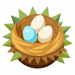 A cartoon illustration of a bird's nest with three eggs, two white and one blue, on a white background