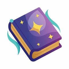 A cartoon illustration of a purple book with gold stars and teal swirls around it on a white background