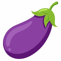 A cartoon illustration of a single purple eggplant with a green stem and leaves on a white background