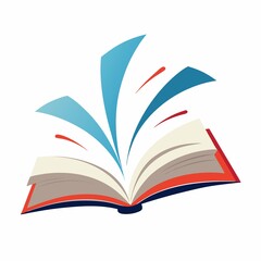 An open book with stylized blue and red elements coming out of it on a white background