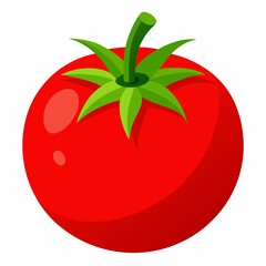A vibrant cartoon illustration of a single ripe red tomato with green stem and leaves on a white background