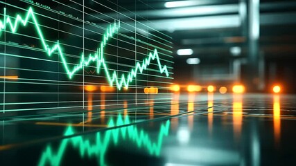 A dynamic chart showing an impressive upward spike, glowing lines in green and orange, with blurred business office background and reflective glass surfaces