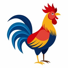 A colorful rooster illustration with a blue tail, red comb, and yellow neck feathers design on a white background