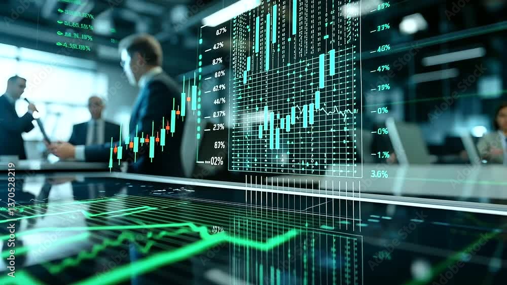 Aufkleber a holographic chart floating in a high-tech boardroom, bright green arrows showing rapid growth, blu