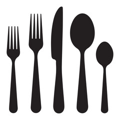 Set of fork, knife, spoon. Logotype menu. Set in flat style. Silhouette of cutlery. Vector Black illustration. with white background
