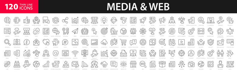 Media and Web line icons set. Network, website, digital marketing, web design, message, cyberspace, global - stock vector.