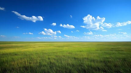 Obraz premium A vast expanse of vibrant green grassland stretches to the horizon under a brilliant blue sky dotted with fluffy white clouds on a sunny day.