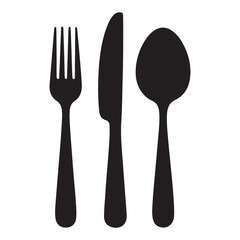 Set of fork, knife, spoon. Logotype menu. Set in flat style. Silhouette of cutlery. Vector Black illustration. with white background
