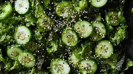 Refreshing seaweed and cucumber salad with sesame seeds for a healthy appetite