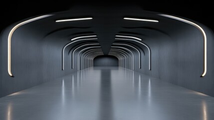 Naklejka premium Futuristic tunnel, dark gray, smooth walls, arched, glowing lines, sleek, modern, minimalist