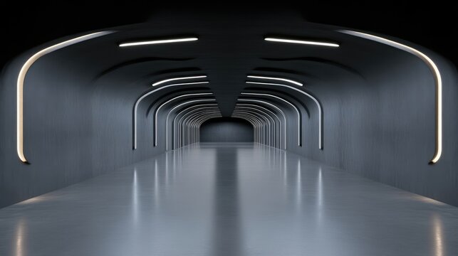 Futuristic tunnel, dark gray, smooth walls, arched, glowing lines, sleek, modern, minimalist