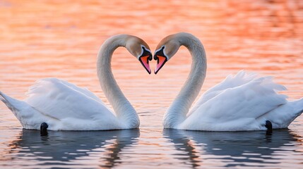 Naklejka premium Majestic Swans Touching Beaks, Forming a Heart Shape, Elegant and Romantic Nature Scene for Love Cards, Capturing the Essence of True Love