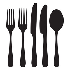 Set of fork, knife, spoon. Logotype menu. Set in flat style. Silhouette of cutlery. Vector Black illustration. with white background