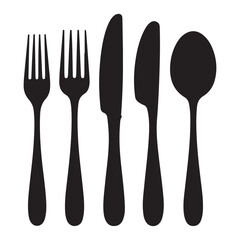 Set of fork, knife, spoon. Logotype menu. Set in flat style. Silhouette of cutlery. Vector Black illustration. with white background