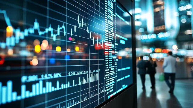 A stock exchange environment with a massive LED screen showcasing an upward trend graph, blue financial tickers running across the bottom, busy traders blurred in motion
