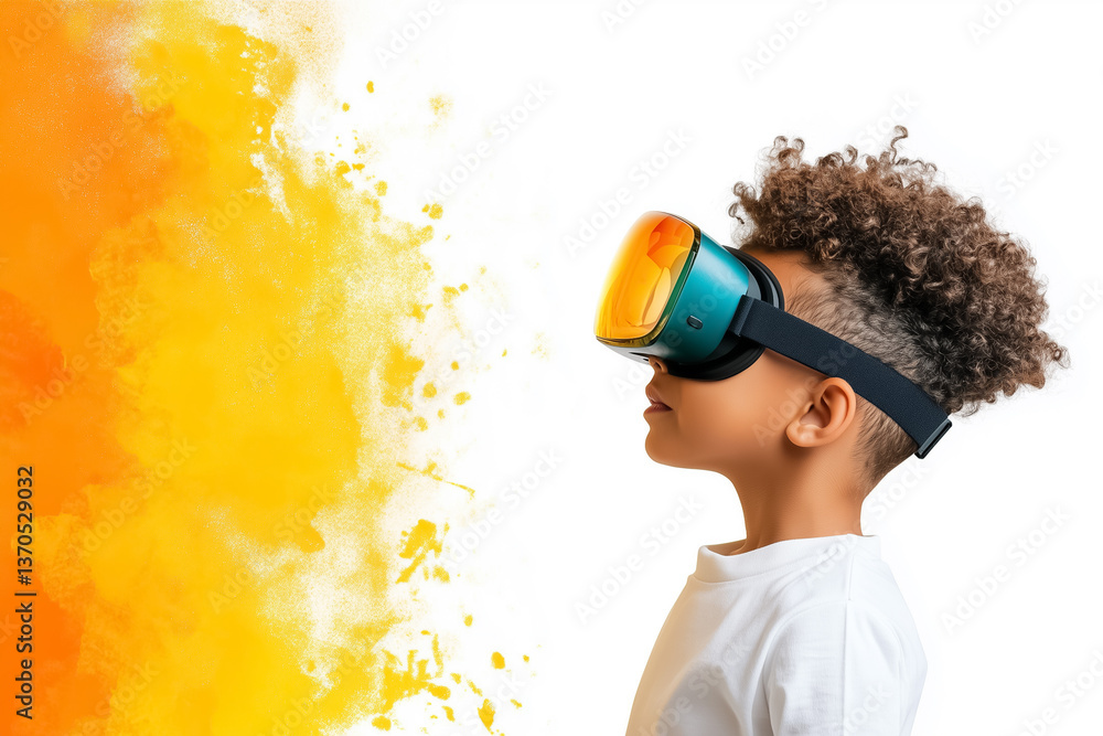 Poster child wearing virtual reality headset engages with immersive technology. bright setting features viv