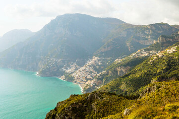 Panoramic view from hiking trail Path of Gods between coastal towns Positano and Praiano. Trekking in Lattari Mountains, Apennines, Amalfi Coast, Campania, Italy, Europe. Coastline Mediterranean Sea.