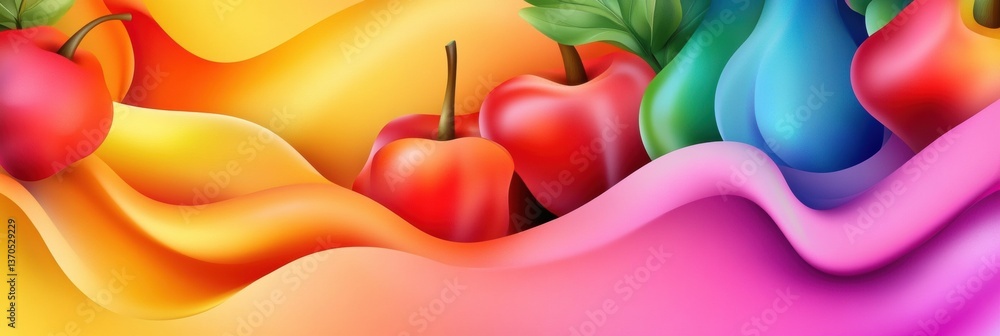 Poster Dynamic flow of fresh groceries in vibrant colors with smooth liquid gradients creating an abstract background Generative AI