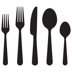 Set of fork, knife, spoon. Logotype menu. Set in flat style. Silhouette of cutlery. Vector Black illustration. with white background