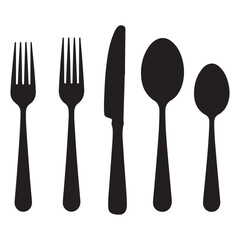 Set of fork, knife, spoon. Logotype menu. Set in flat style. Silhouette of cutlery. Vector Black illustration. with white background