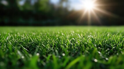 Naklejka premium Lush green grass field bathed in sunlight. Close-up view of vibrant, healthy grass blades