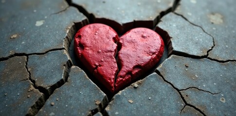 Red stone heart, fractured, rests in cracked concrete , relationship, anguish