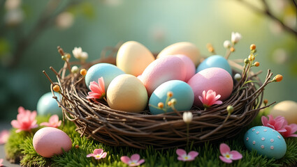 Obraz premium Vibrant Easter Nest Overflowing with Intricately Decorated Eggs