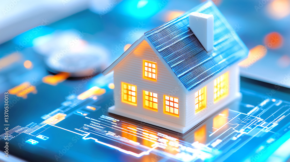 Poster a small model house with lit windows rests on a high-tech digital display featuring smart home techn