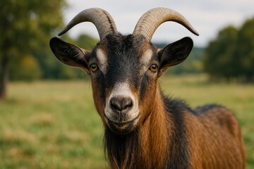 A goat with horns standing in a grassy field.