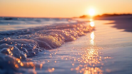 A beautiful beach scene featuring a sunset over ocean waves