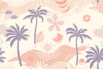 Seamless Hand-Drawn Palm Tree and Sun Summer Pattern Background Set

