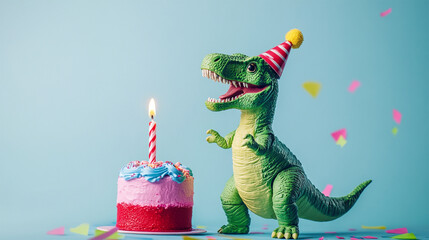 A whimsical, still life photograph of a bright green, textured toy Tyrannosaurus Rex celebrating a birthday. Happy birthday concept