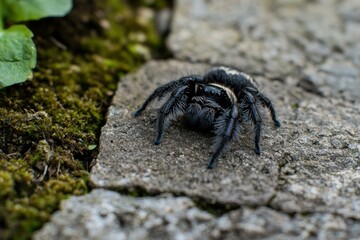 Portrait of a bold jumping spider, Phidippus audax, with fuzzy black legs, standing on a gray stone